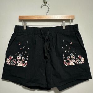 Floral Printed Black Cotton Women's Shorts XL